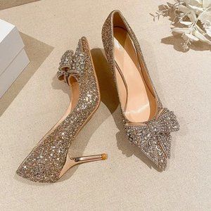 Autumn and winter new sequins rhinestone bow and soft leather fashion sexy singl